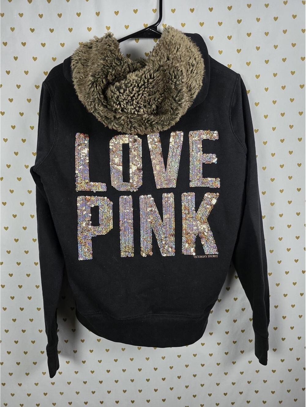 Victorias Secret Pink FUR LINED BLING Gold Sequined Hoodie Jacket Full Zip MED